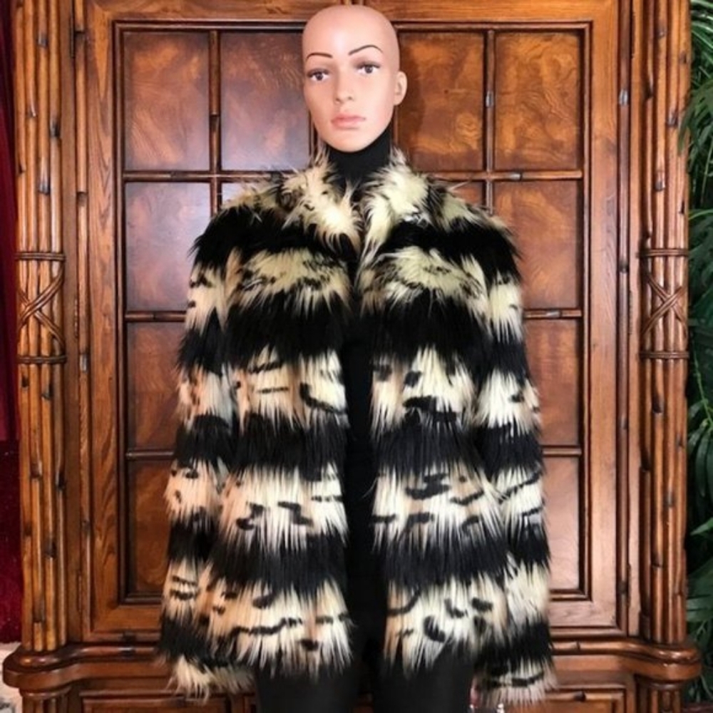 Adrienne Landau Black and Cream Faux Fur Coat